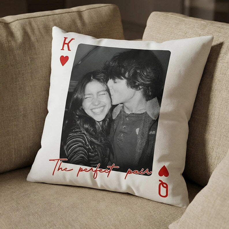 Custom Couple Photo Lucky Us Pillow, Personalized Portrait Pillow, Valentine Portrait Cushion, Wedding Engagement Anniversary Gift For Her