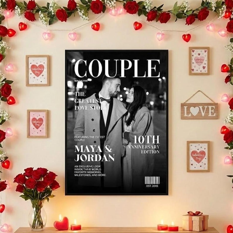 Personalized Couple Magazine Poster/Canvas, Custom Photo Wall Art, Wedding Anniversary Gift, Valentine Gift for Him & Her