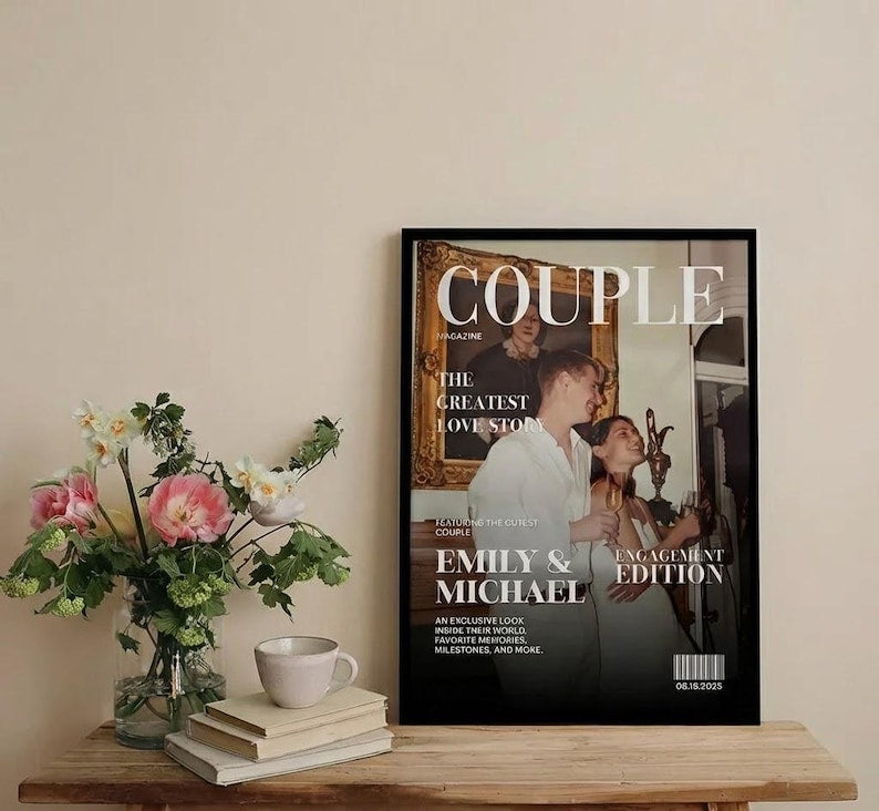 Personalized Couple Magazine Poster/Canvas, Custom Photo Wall Art, Wedding Anniversary Gift, Valentine Gift for Him & Her