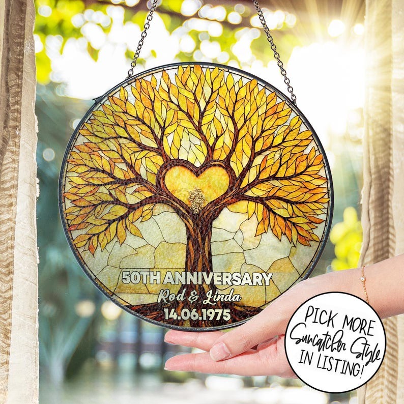Personalized 50th Anniversary Stained Glass, Tree of Life Suncatcher, Golden Anniversary Gift, Valentine Gift, Wedding Gift