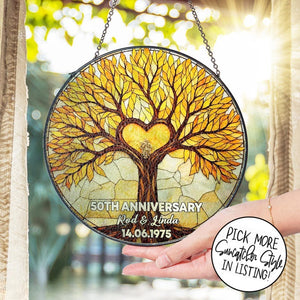 Personalized 50th Anniversary Stained Glass, Tree of Life Suncatcher, Golden Anniversary Gift, Valentine Gift, Wedding Gift