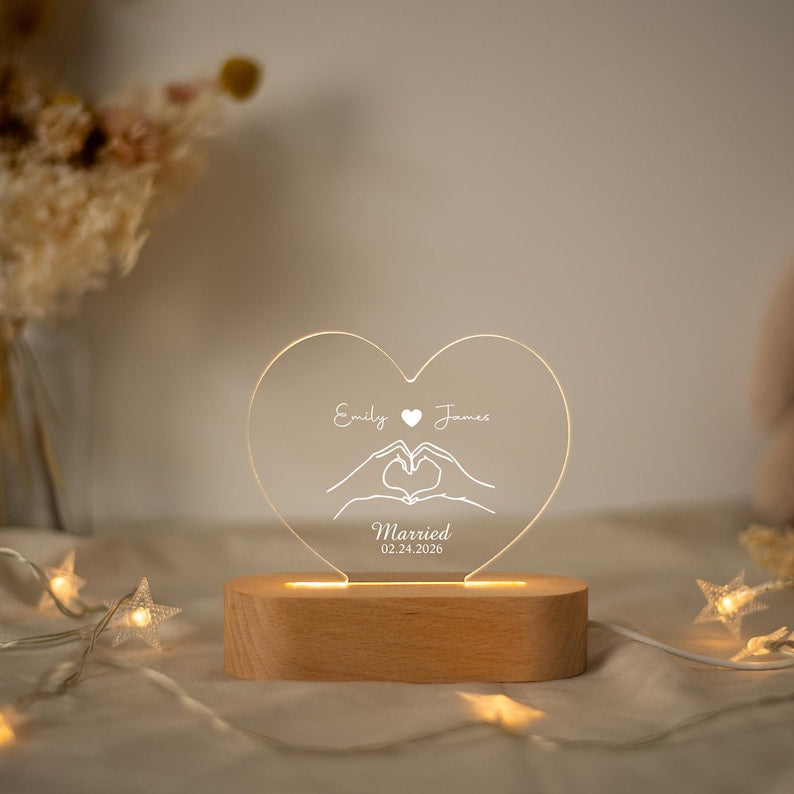 Personalized Heart Acrylic Lamp | Custom Couple Name Night Light with Date | Engraved Anniversary Gift | Romantic Bedroom Decor