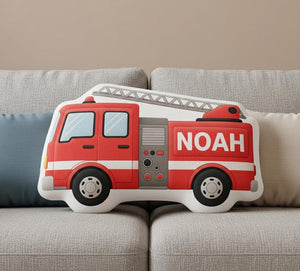 Personalized Fire Truck Plush Pillow: Custom Name Print, Red Ladder Shape Cushion