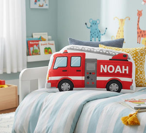 Personalized Fire Truck Plush Pillow: Custom Name Print, Red Ladder Shape Cushion