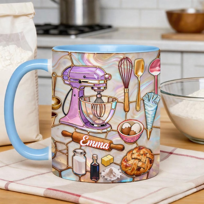 Personalized Love Baking Mug, Custom Name Ceramic Coffee Mug, Sweet Baking Gift For Mom, Mothers Day Mug