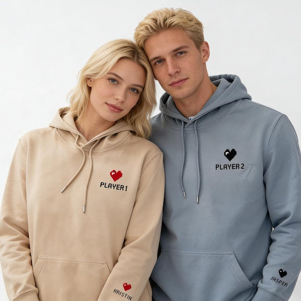 Custom Embroidered Hoodie, Pixel Heart Couples Hoodie, Valentines Day Gift, Bestie Gifts, Anniversary Gift for Him/ Her