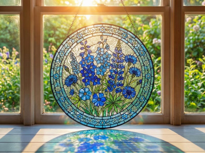 Blue Wildflower Stained Glass Suncatcher - Botanical Glass Window Hanging - Personalized Birthday Gift for Her