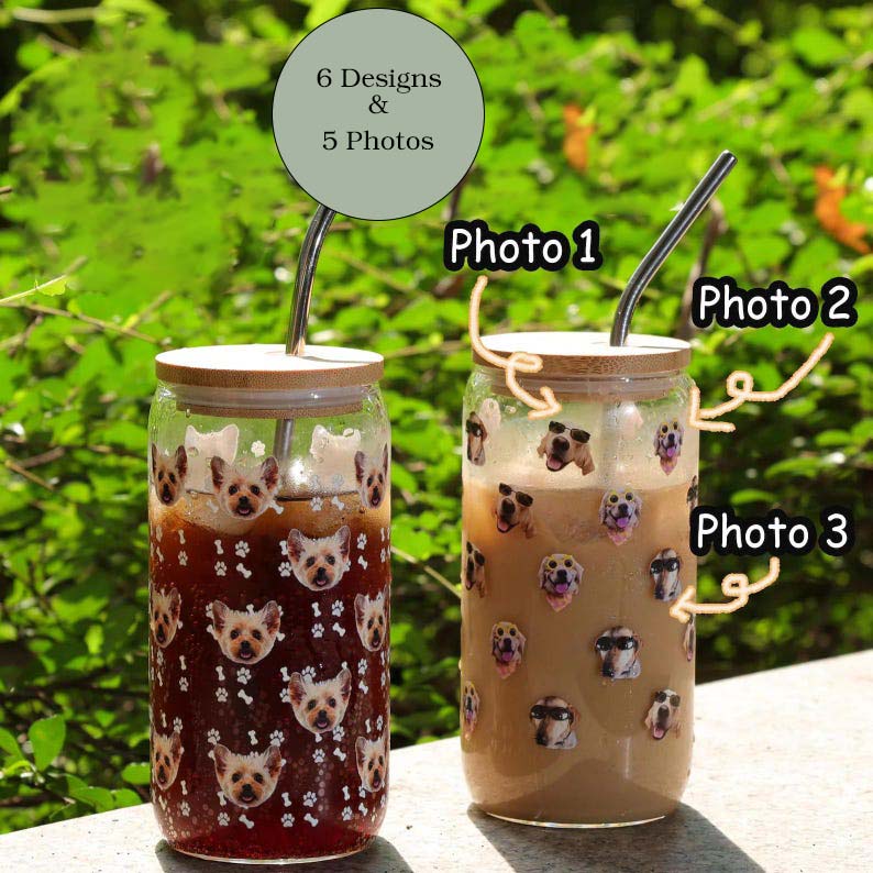 Custom 16oz Pet Photo Can Glass Cup, Personalized Iced Coffee Portrait Mug Christmas Trend Gift for Dog Lover, Boho Cat Cup with Lid &Strawt