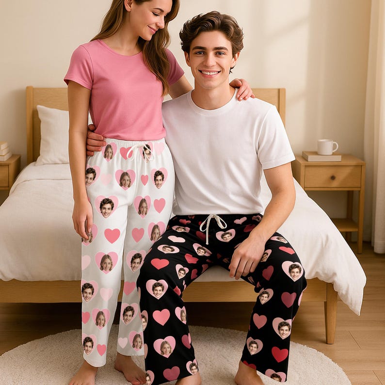 Personalized Face Pajama Pants, Custom Photo Sleep Pants, Gift for Anniversary/Birthday/Bachelorette/Valentine, Matching Couple Lounge Pants