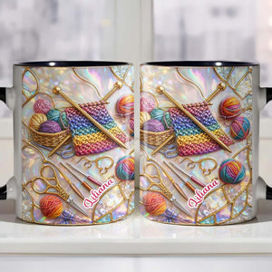 Knitting Coffee Mug, Custom Name Crochet Gift for Knitters, Iridescent Stained Glass Style Yarn Art Cup, Knitting Lover Gift for Her