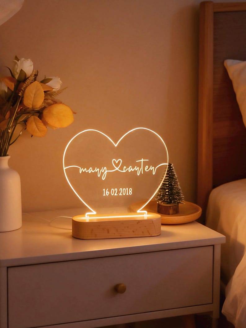 Personalized Heart Acrylic Lamp, Custom Couple Name Night Light with Date, Anniversary Gift, Valentine's Day Gift, Bedroom Decor