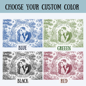 Custom Photo Platter Decor, Personalized Couple Portrait, Blue Toile Wedding Plate with Name Date