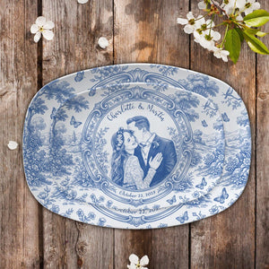 Custom Photo Platter Decor, Personalized Couple Portrait, Blue Toile Wedding Plate with Name Date