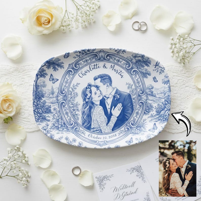 Custom Photo Platter Decor, Personalized Couple Portrait, Blue Toile Wedding Plate with Name Date