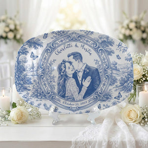 Custom Photo Platter Decor, Personalized Couple Portrait, Blue Toile Wedding Plate with Name Date