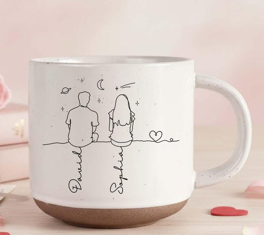 Romantic Couple Line Art - Personalized Couple Line Art Pottery Mug, Unique Gift For Lover, Anniversary Gift, Valentine's Day, Gift For Him