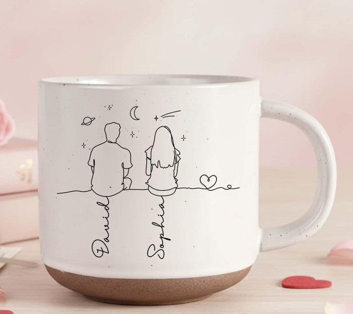 Romantic Couple Line Art - Personalized Couple Line Art Pottery Mug, Unique Gift For Lover, Anniversary Gift, Valentine's Day, Gift For Him