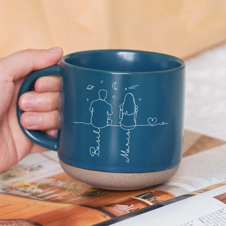 Romantic Couple Line Art - Personalized Couple Line Art Pottery Mug, Unique Gift For Lover, Anniversary Gift, Valentine's Day, Gift For Him