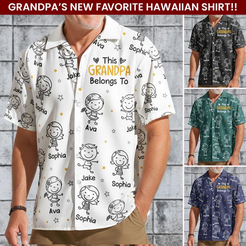 Personalized Grandpa Hawaiian Shirt, Papa Shirt With Grandkid Name, This Grandpa Belong To, Father's Day Gift, Grandpa Dad Birthday Giftt