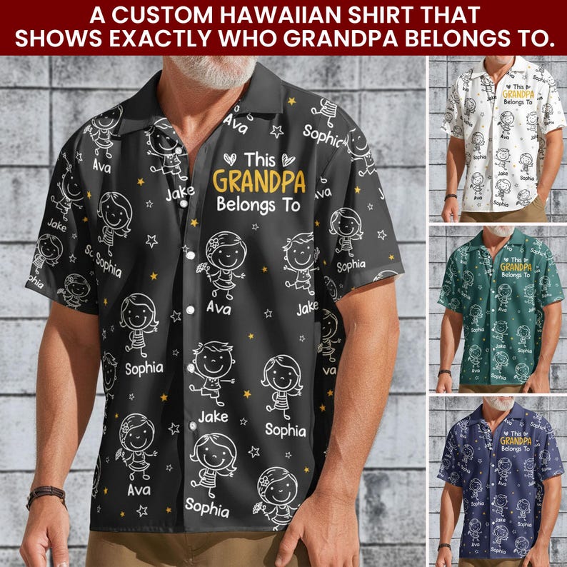 Personalized Grandpa Hawaiian Shirt, Papa Shirt With Grandkid Name, This Grandpa Belong To, Father's Day Gift, Grandpa Dad Birthday Giftt