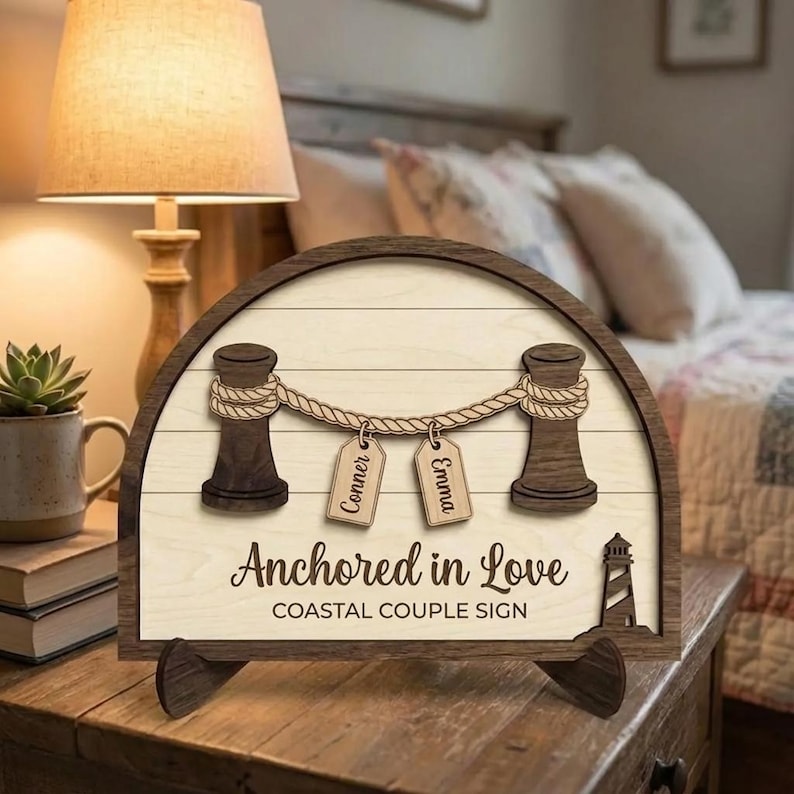 Custom Nautical Name Sign For Couples Beach Wedding Anniversary Decor Wood Lighthouse Art Personalized Anchored In Love Gift