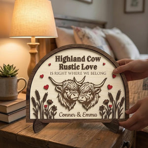 Custom Highland Cow Wooden Plaque Rustic Love Where We Belong Arch Sign Personalized Wedding Anniversary Engagement Gift Farmhouse Wall Art