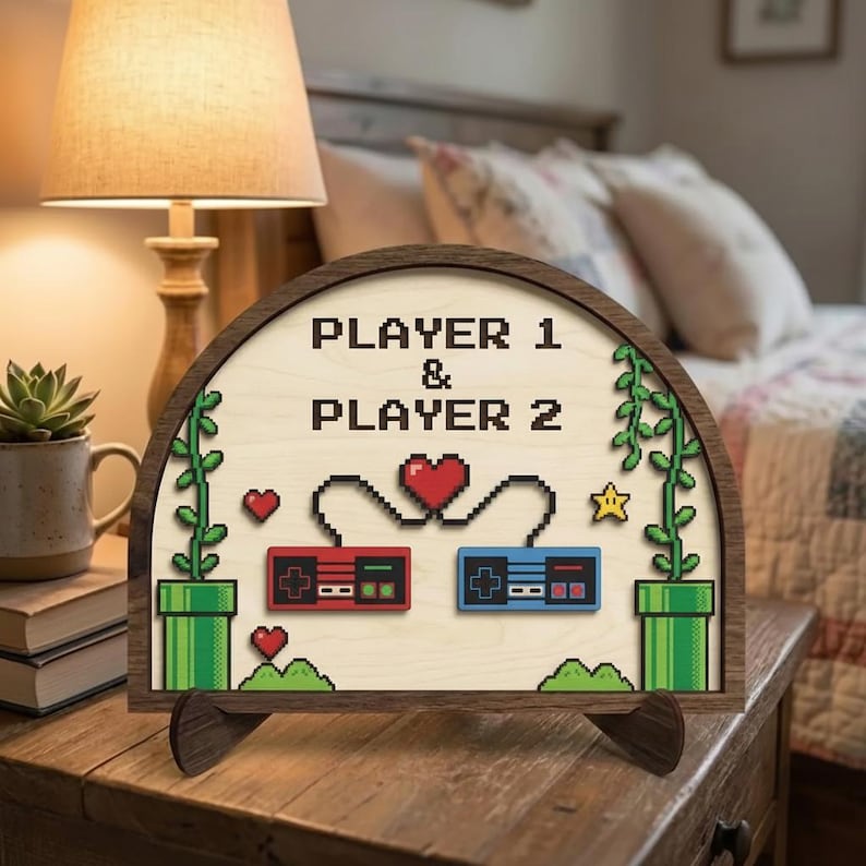 Custom Retro Gamer Wedding Anniversary Gift Wooden Plaque Pixel Art Home Decor For Husband Wife Player 1 And 2 Gaming Controller Sign