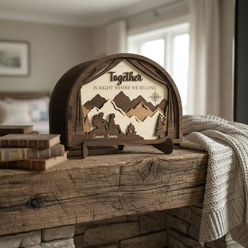 Personalized Couple Camping Mountain Wood Sign Custom Anniversary Gift For Him Her Together Is Right Where We Belong Home Decor Plaque