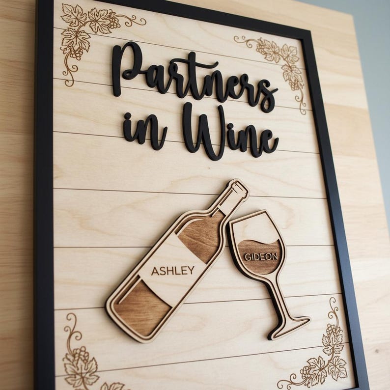 Personalized Partners In Wine Wooden Sign Custom Names Anniversary Gift For Couple Wine Lover Wall Art Decor Wine Bottle And Glass Plaque