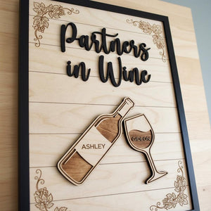 Personalized Partners In Wine Wooden Sign Custom Names Anniversary Gift For Couple Wine Lover Wall Art Decor Wine Bottle And Glass Plaque