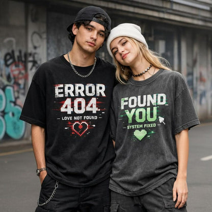 Couple Error 404 Found You Wash Shirt, Xoxo T-shirt, Valentine Day Washed Hoodie, Couple gifts Shirt, Glitch Y2K Tee