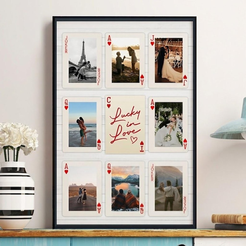 Personalized Playing Card Photo Frame, Custom Couple Love Story Poster, Lucky in Love Wall Art, Anniversary Gift for Couples