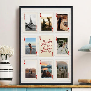 Personalized Playing Card Photo Frame, Custom Couple Love Story Poster, Lucky in Love Wall Art, Anniversary Gift for Couples