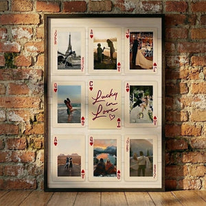 Personalized Playing Card Photo Frame, Custom Couple Love Story Poster, Lucky in Love Wall Art, Anniversary Gift for Couples