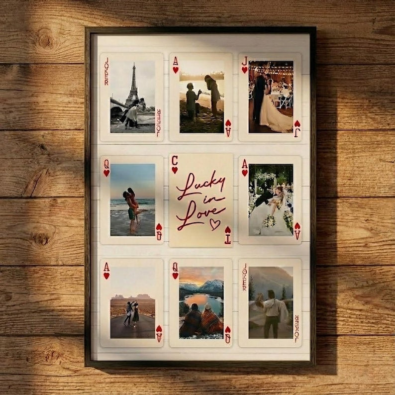Personalized Playing Card Photo Frame, Custom Couple Love Story Poster, Lucky in Love Wall Art, Anniversary Gift for Couples