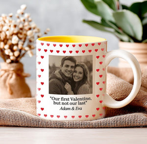 Heart Border Photo Mug, Personalized Valentine Mug with Picture and Names, Cute First Valentine Coffee Mug Gift for Couples