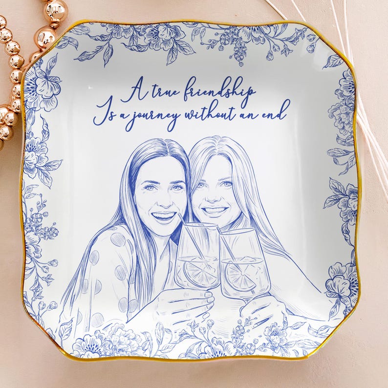 Custom Best Friend Photo Jewelry Dish, Besties Picture Trinket Tray Toile De Jouy Style, Gift For Soul Sister Gift, Ring Holder Gift For Her