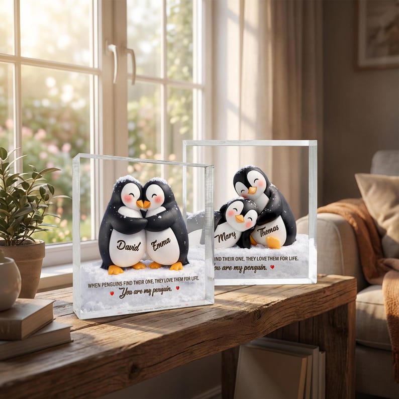 Personalized Penguin Couple Acrylic Blocks, Anniversary Gift, Gifts For Couples, Penguin Lover Gift, Valentine's Day Gift For Her Him