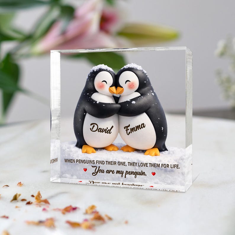 Personalized Penguin Couple Acrylic Blocks, Anniversary Gift, Gifts For Couples, Penguin Lover Gift, Valentine's Day Gift For Her Him