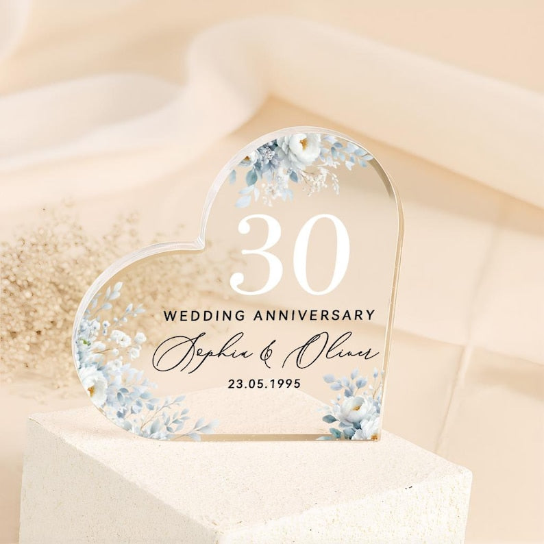 Personalised 30th Wedding Anniversary Gift for Couple, Pearl Anniversary Acrylic Heart Plaque, Custom Names & Date Keepsake, Mum Dad Gift