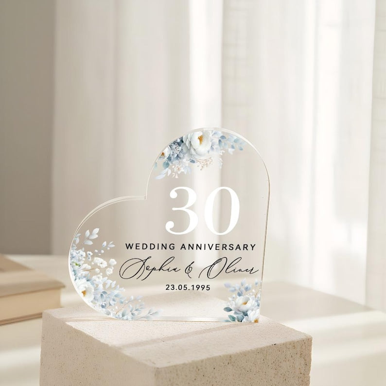 Personalised 30th Wedding Anniversary Gift for Couple, Pearl Anniversary Acrylic Heart Plaque, Custom Names & Date Keepsake, Mum Dad Gift