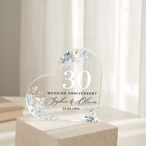 Personalised 30th Wedding Anniversary Gift for Couple, Pearl Anniversary Acrylic Heart Plaque, Custom Names & Date Keepsake, Mum Dad Gift