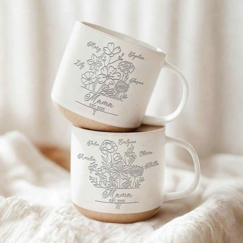 Custom Mom Pottery Mug with Kids Names Birth Month Flowers Coffee Mug, Mother s Day Gift for Mom or Grandma, Personalized Coffee Cup