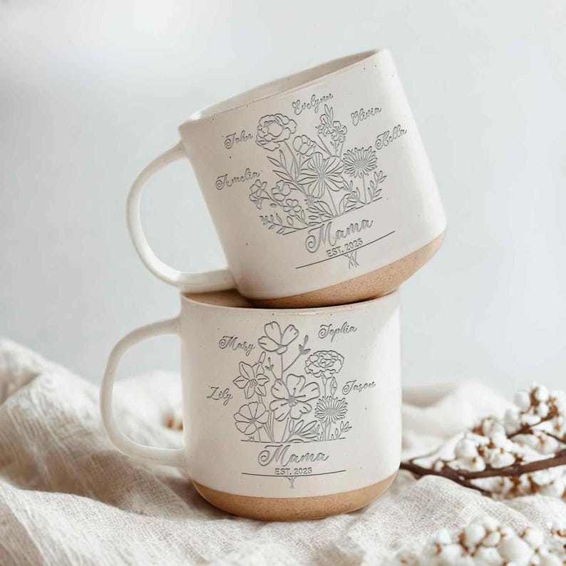 Custom Mom Pottery Mug with Kids Names Birth Month Flowers Coffee Mug, Mother s Day Gift for Mom or Grandma, Personalized Coffee Cup