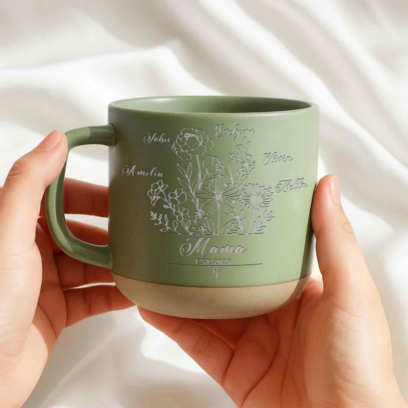 Custom Mom Pottery Mug with Kids Names Birth Month Flowers Coffee Mug, Mother s Day Gift for Mom or Grandma, Personalized Coffee Cup