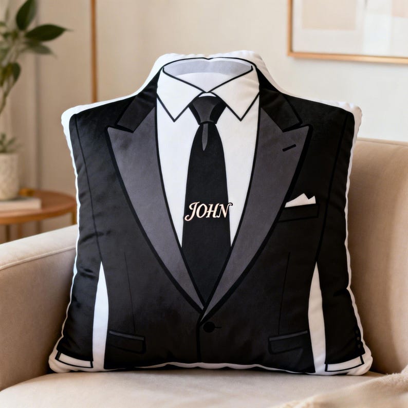 Personalized Groomsmen Suit Pillow Custom Name Wedding Gift, Elegant Tuxedo Cushion, Groomsman Proposal Gift, Bridal Party Decor