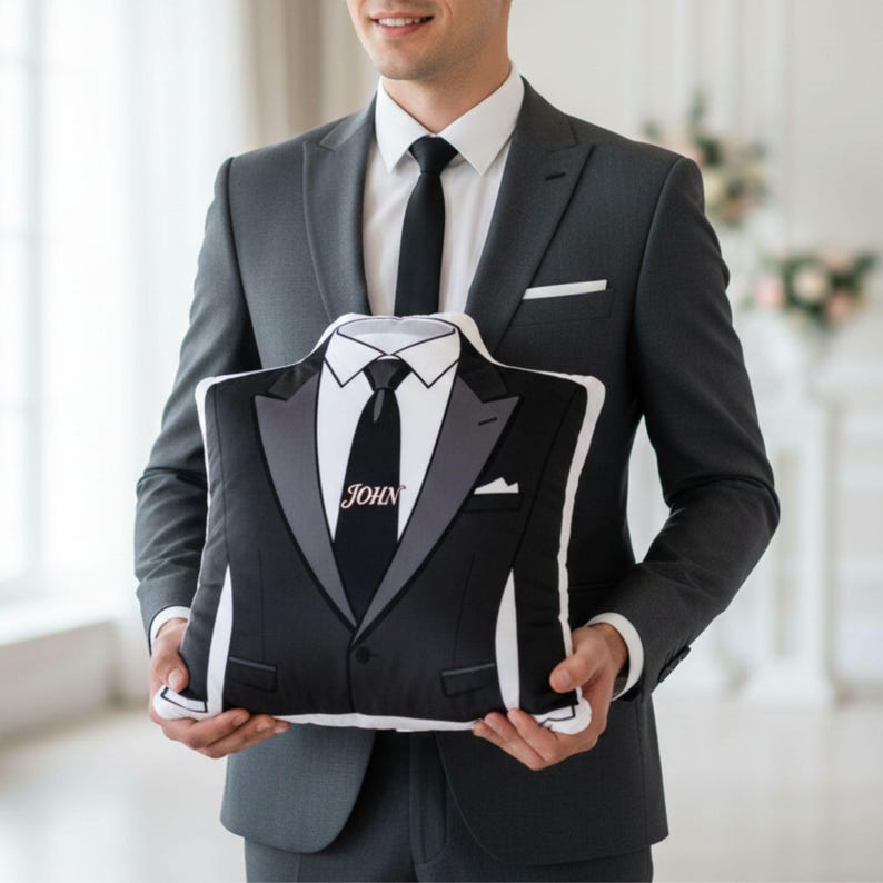 Personalized Groomsmen Suit Pillow Custom Name Wedding Gift, Elegant Tuxedo Cushion, Groomsman Proposal Gift, Bridal Party Decor
