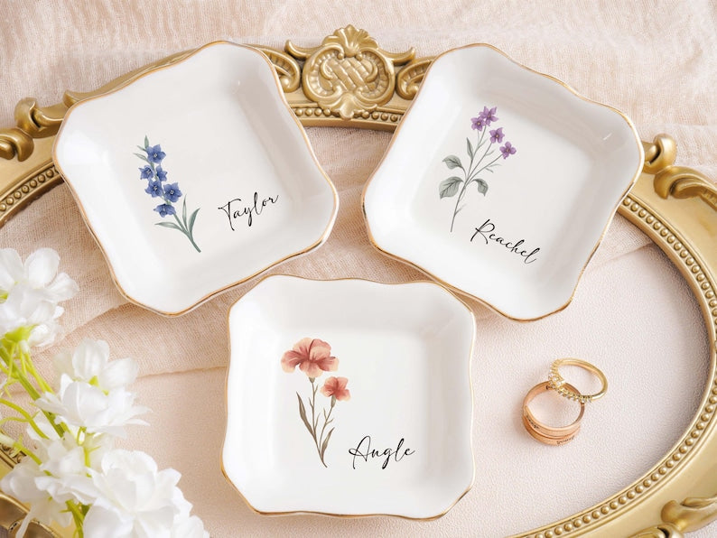 Personalized Jewelry Dish,Birth Month Flower Ring Dish,Bridesmaid Gifts,Birthday Jewelry Dish,bridesmaid proposal,Birthday Gift for Her