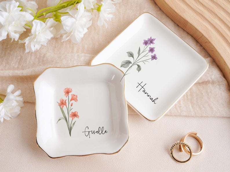 Personalized Jewelry Dish,Birth Month Flower Ring Dish,Bridesmaid Gifts,Birthday Jewelry Dish,bridesmaid proposal,Birthday Gift for Her
