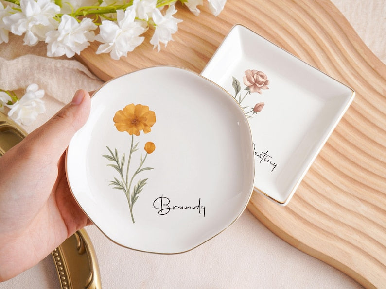 Personalized Jewelry Dish,Birth Month Flower Ring Dish,Bridesmaid Gifts,Birthday Jewelry Dish,bridesmaid proposal,Birthday Gift for Her
